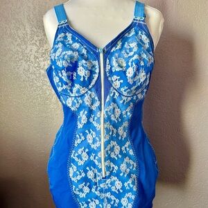 Original Vintage Pin Up Blue Lace One-Piece Shapewear Bodysuit with Front